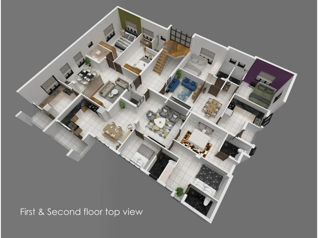 A 3D floor plan view of a house, featuring an organized layout that highlights various rooms and their connections.