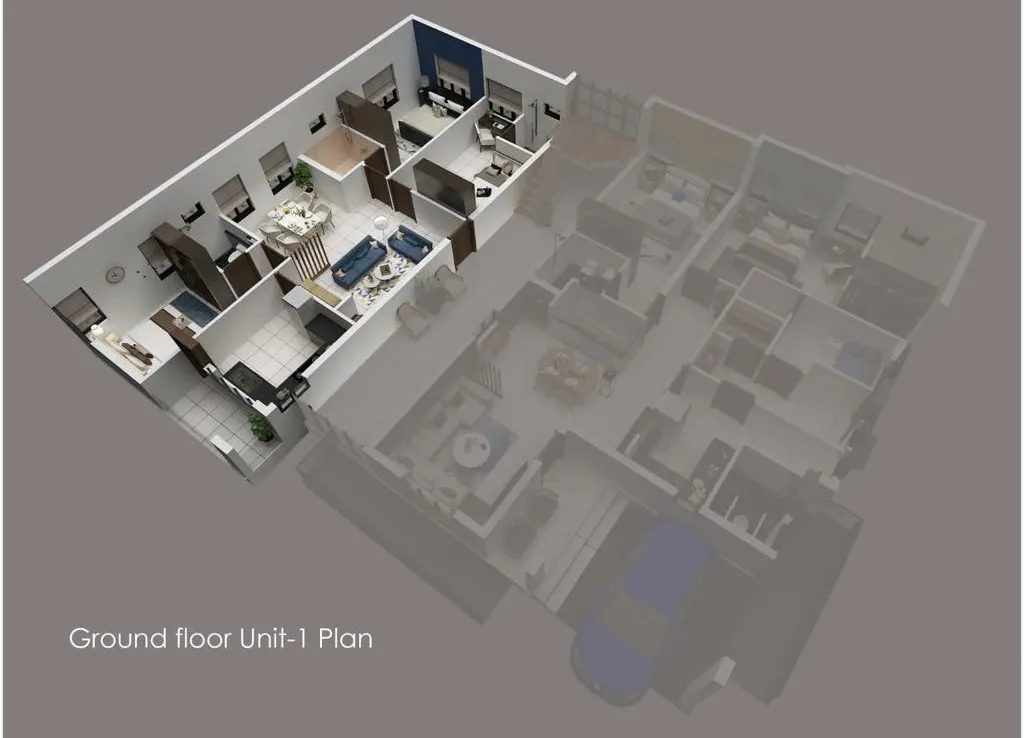 A 3D representation of a house featuring a clear floor plan, illustrating the arrangement of rooms and overall structure.
