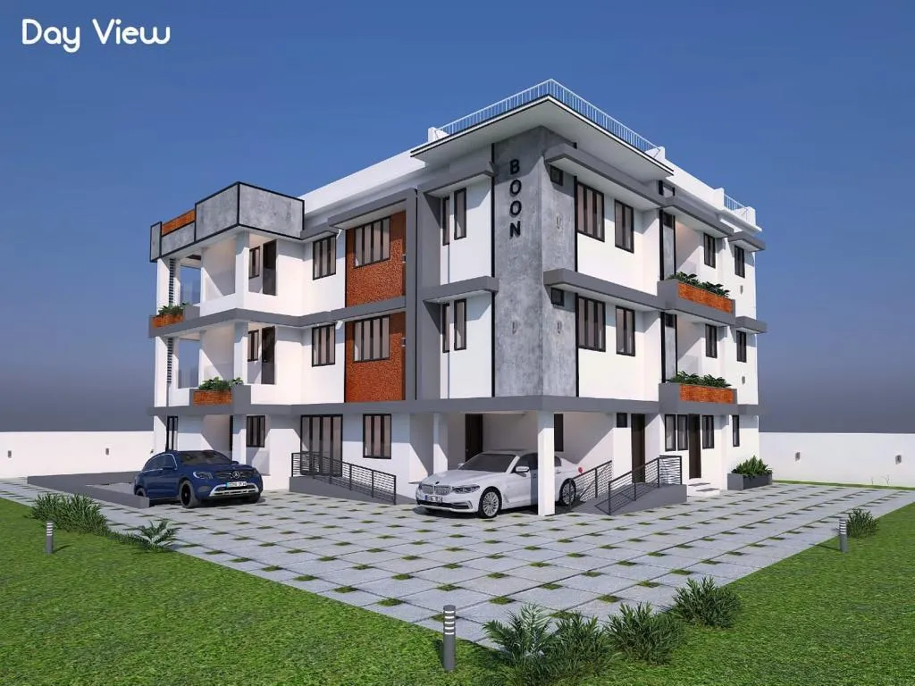 A sleek modern house in 3D, featuring large windows and a car parked in the driveway, showcasing contemporary design.